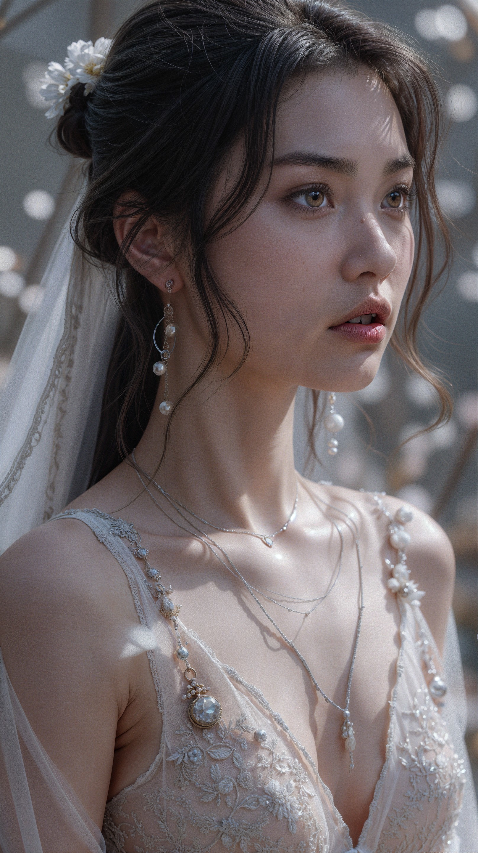 Young Woman in Floral Gown with Ethereal Atmosphere