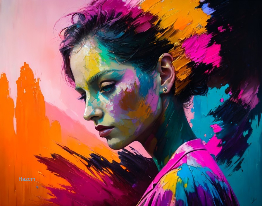Vibrant Artwork of Woman with Closed Eyes and Colors