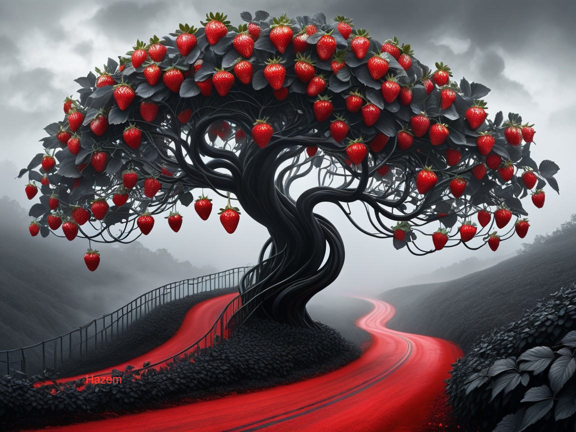 Surreal landscape with a black tree and red strawberries