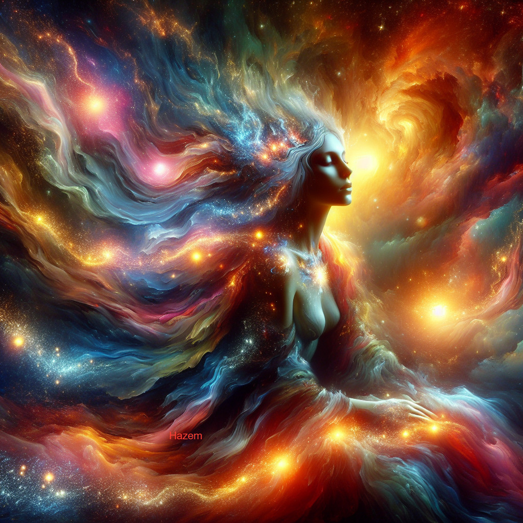 Cosmic Figure with Colorful Hair and Celestial Aura