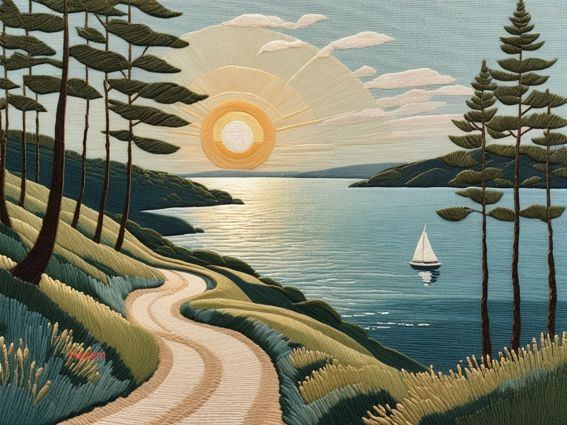 Serene Landscape Embroidery with Lake and Sailboat