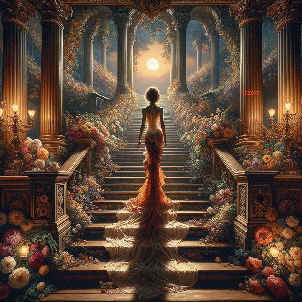 Silhouetted Figure on Grand Staircase with Flowers