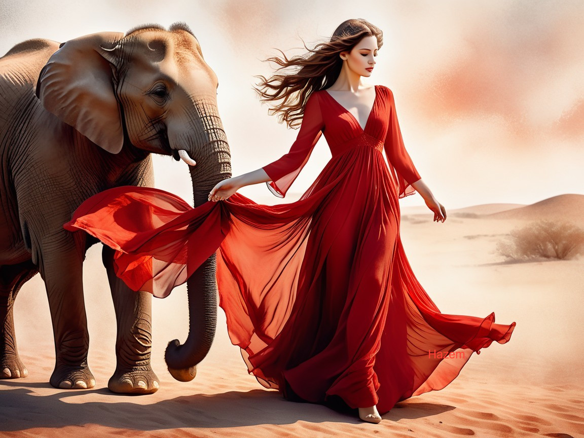 Woman in Red Dress Walking with Elephant in Desert