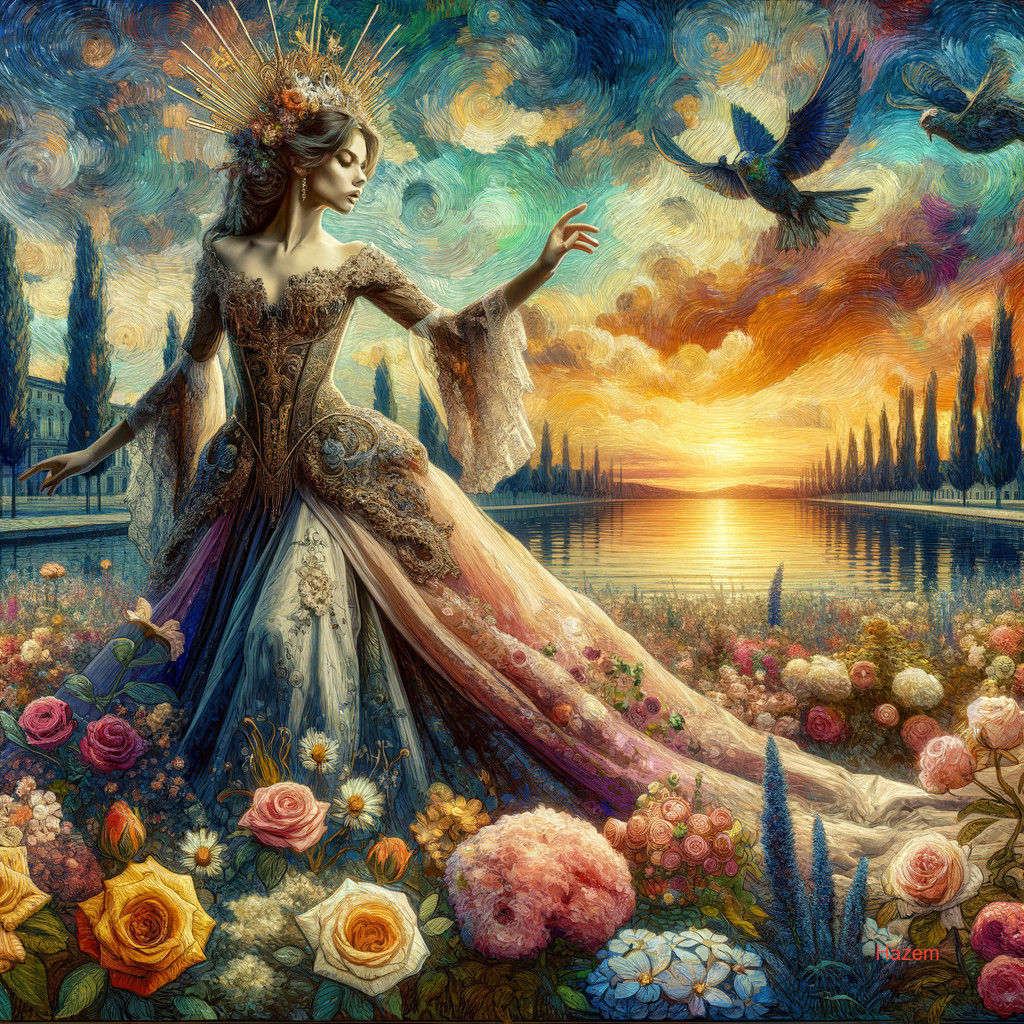 Regal woman in ornate gown in vibrant garden with peacocks and sunset.