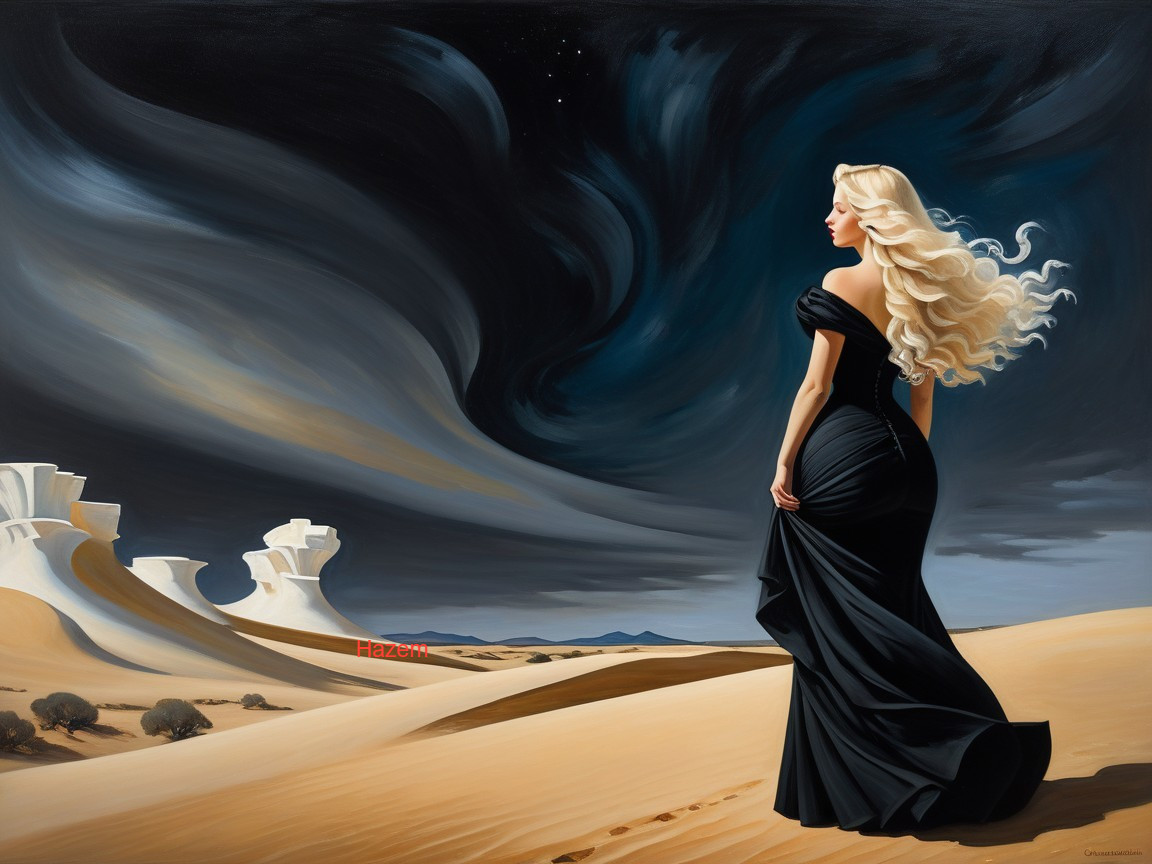 Woman in Black Gown in Desert Landscape with Clouds