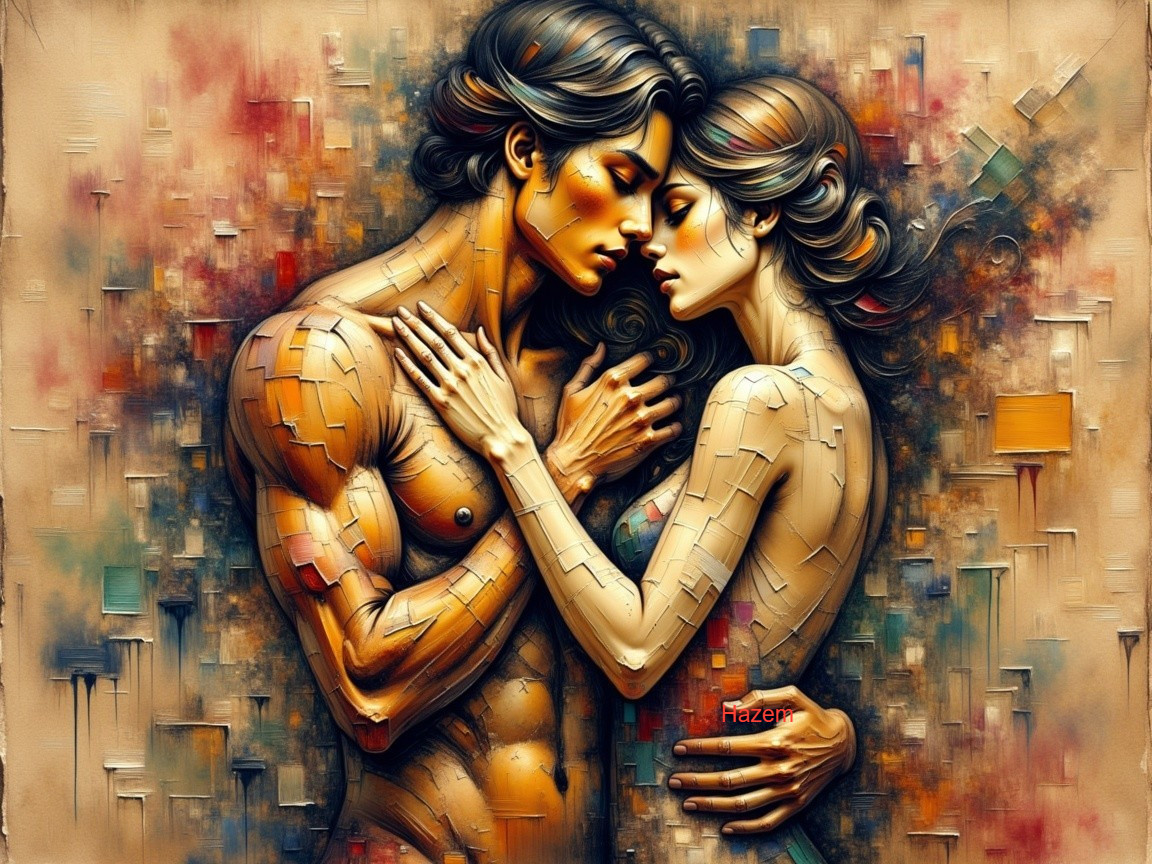 Intimate Embrace of Two Figures in Bold Colors