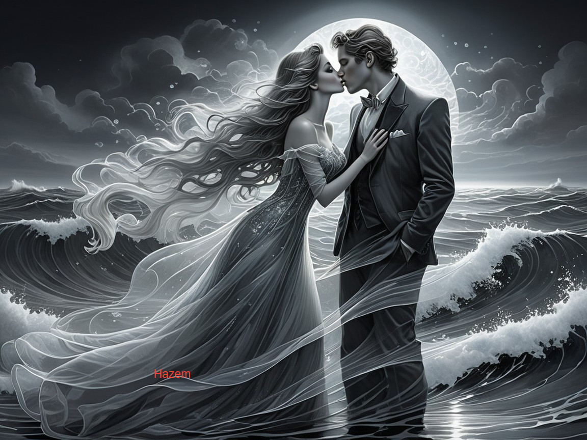 Monochrome Romantic Scene with Embracing Couple
