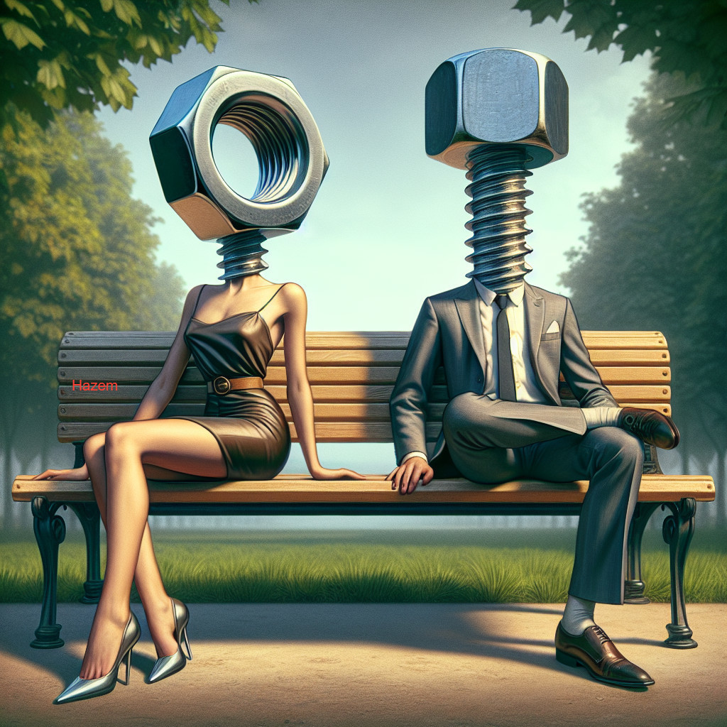 Whimsical Scene of Couple with Nut and Bolt Heads