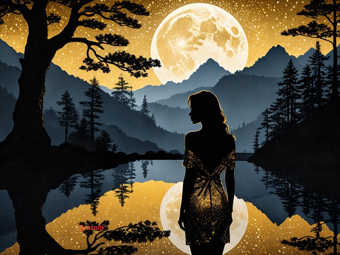 Silhouette by Lake Under Full Moon and Stars