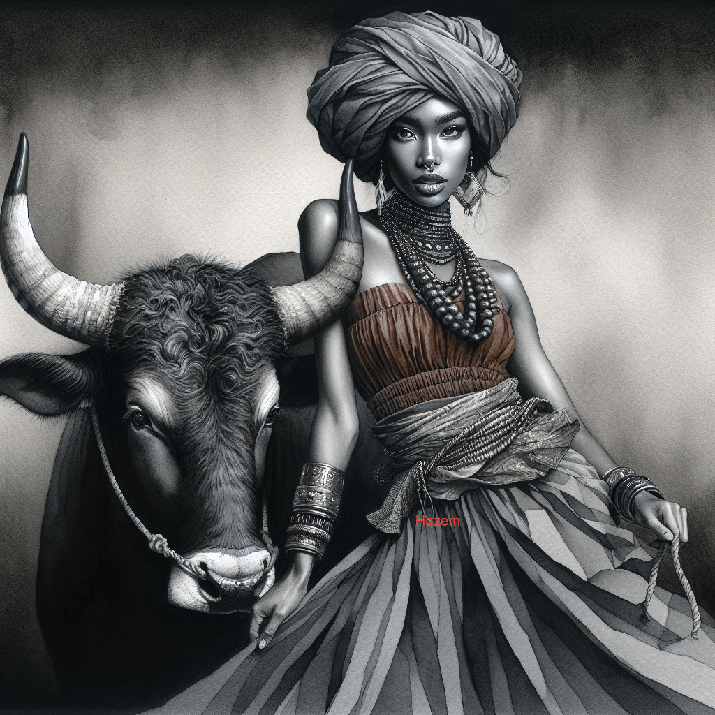 Woman in Traditional Attire with a Bull in Background