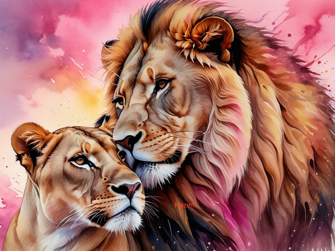 Watercolor painting of a lion and lioness embrace