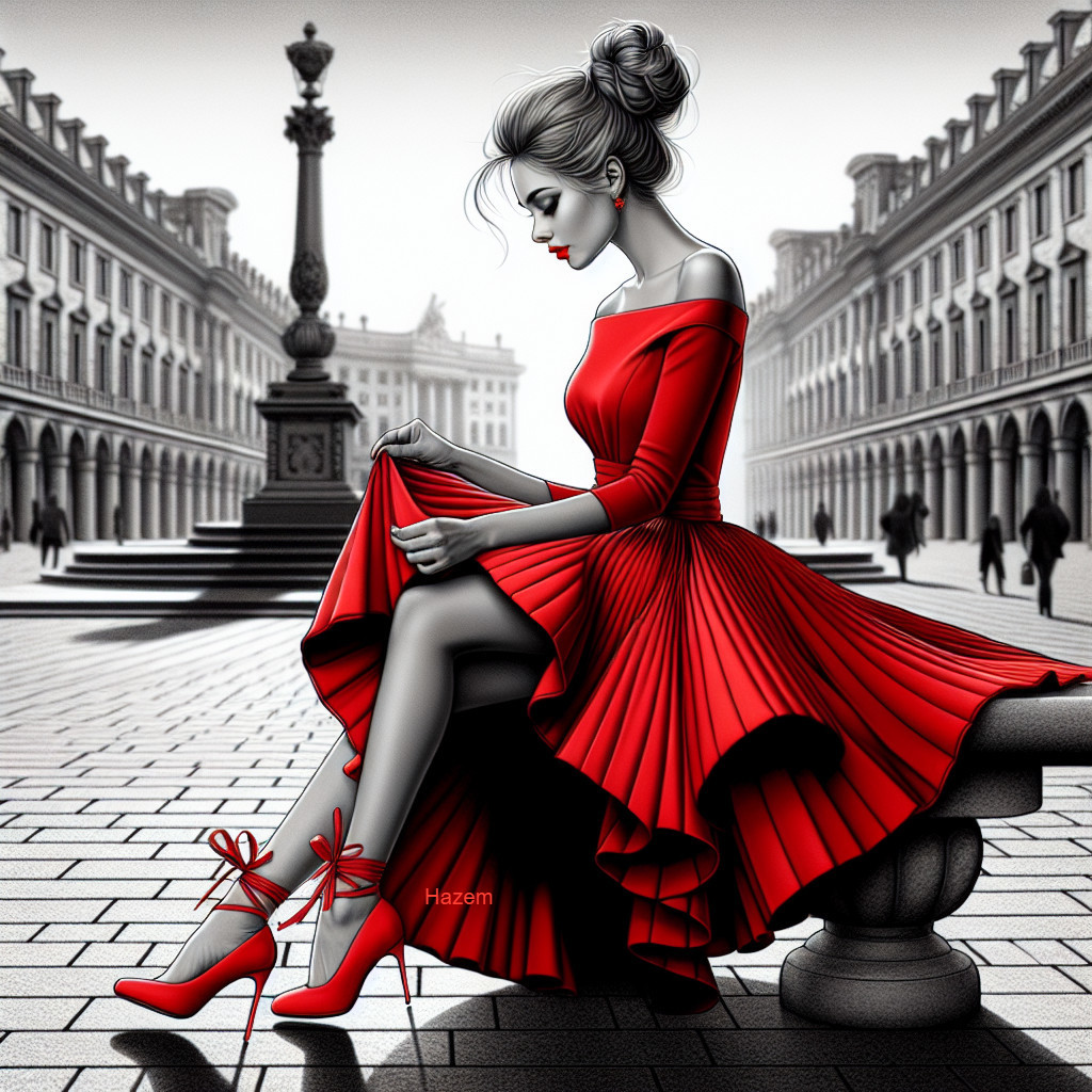 Stylish Woman in Red Dress Against Classic Architecture