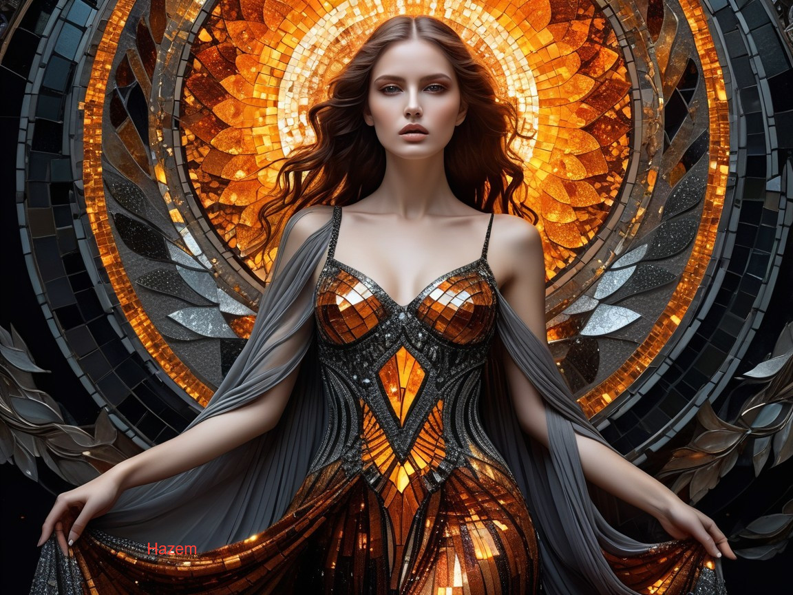 Woman in gown with orange and gold mosaics and cape