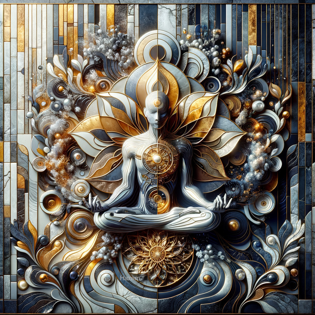 Abstract Meditating Figure with Floral Patterns and Colors