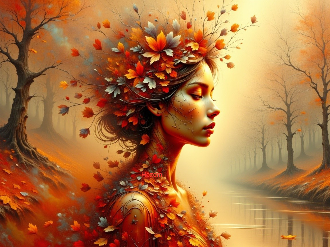 Serene Woman Amidst Vibrant Autumn Leaves and River