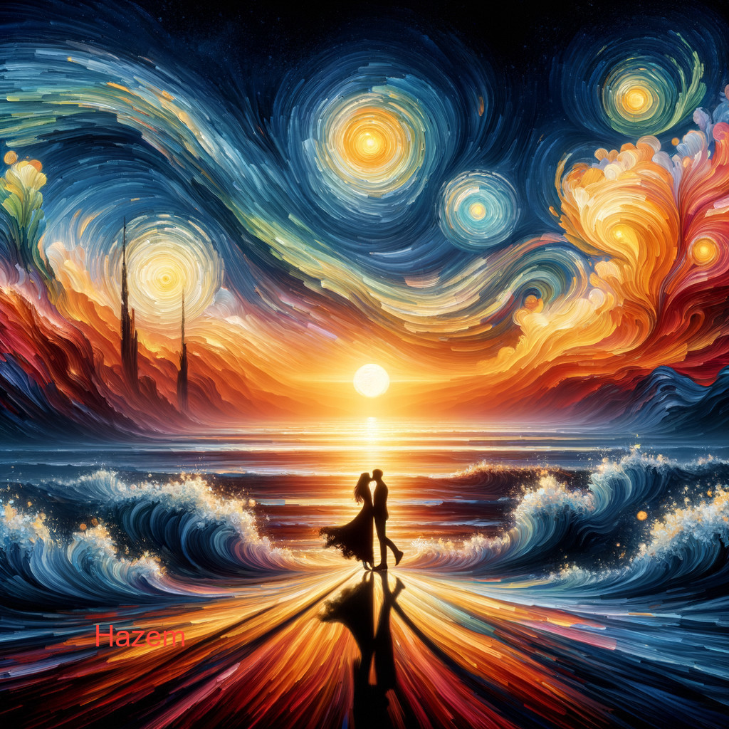 Vibrant Painting of Couple Embracing on Beach at Sunset