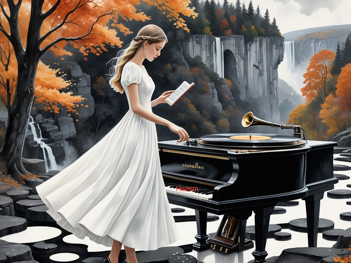 Serene woman reading by piano with waterfalls and foliage