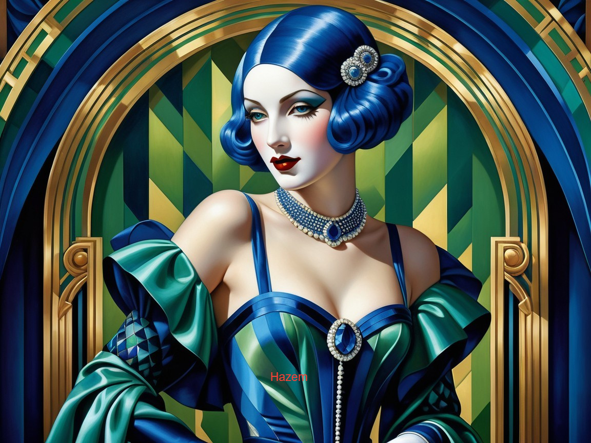 Glamorous Art Deco Portrait of Woman with Blue Hair