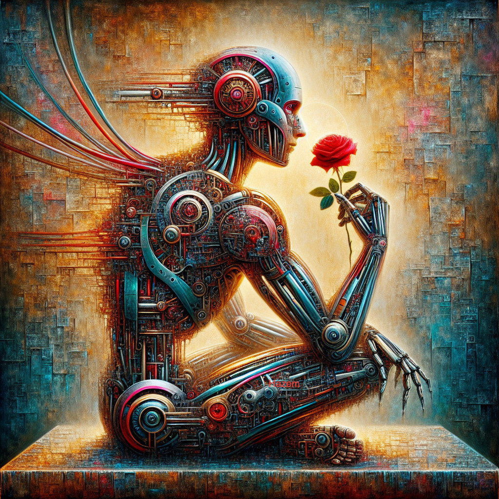 Futuristic Humanoid Figure with Red Rose in Contrast