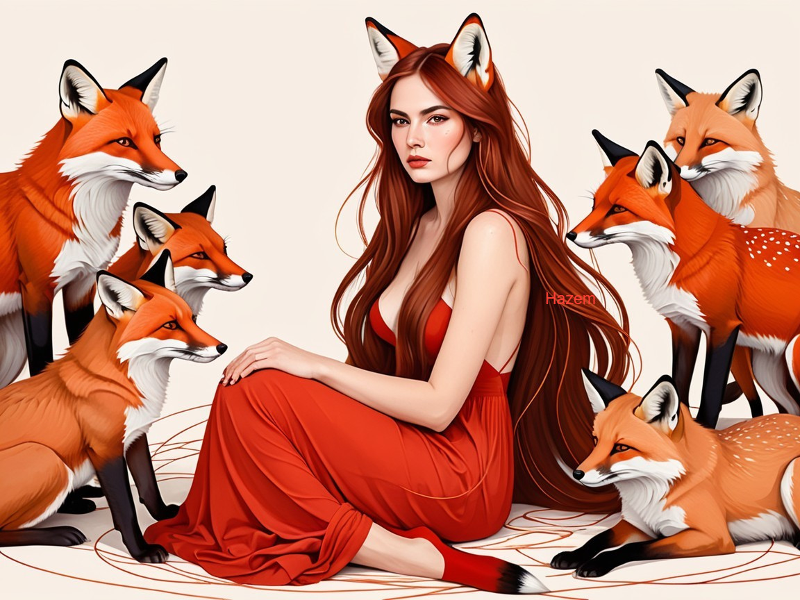 Fantasy Woman with Fox Ears Surrounded by Red Foxes