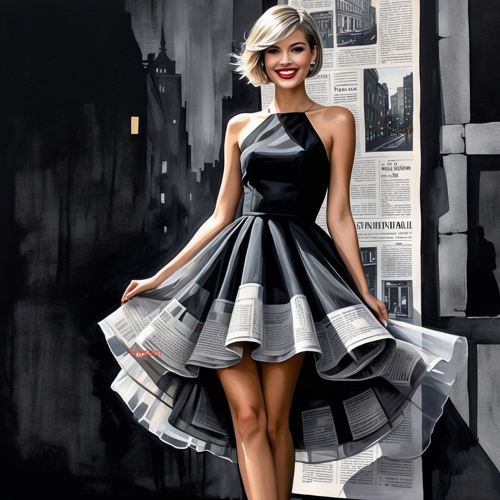 Chic Black Dress with Layered Printed Pages and Cityscape