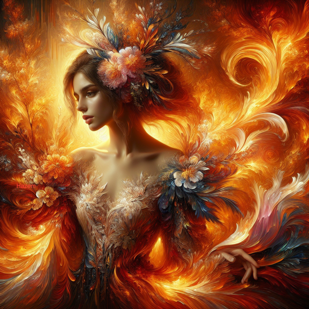 Woman Surrounded by Vibrant Fiery Colors and Patterns