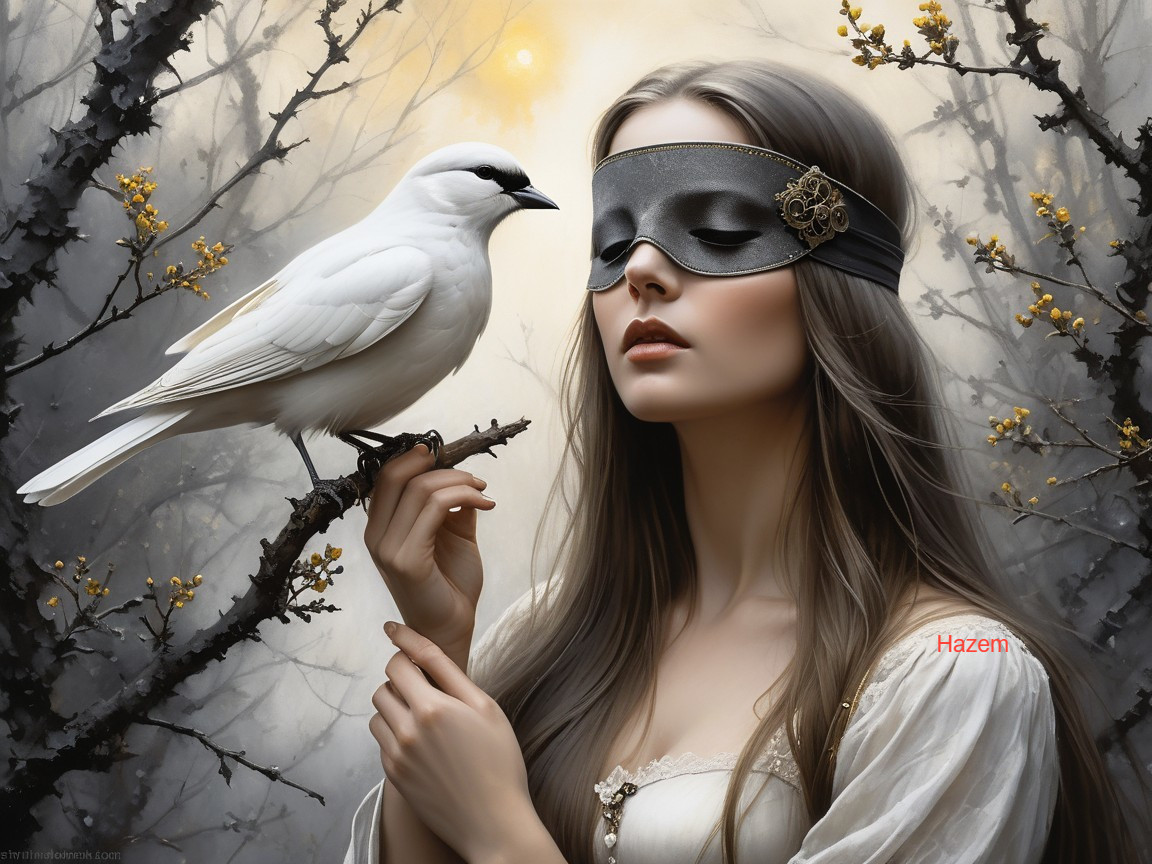 Serene Woman with Blindfold in Mystical Forest Setting