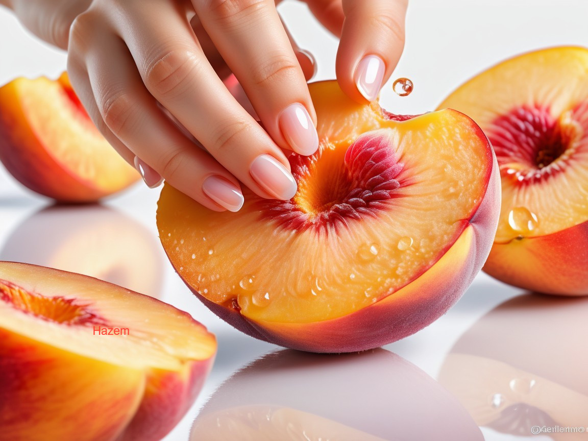Close-up of a hand holding a juicy peach and slices