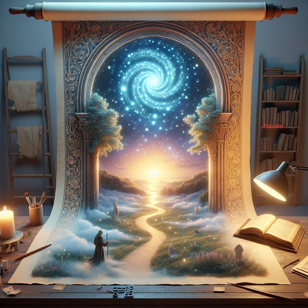 Vibrant Scroll Depicting Cosmic Landscape and Trees