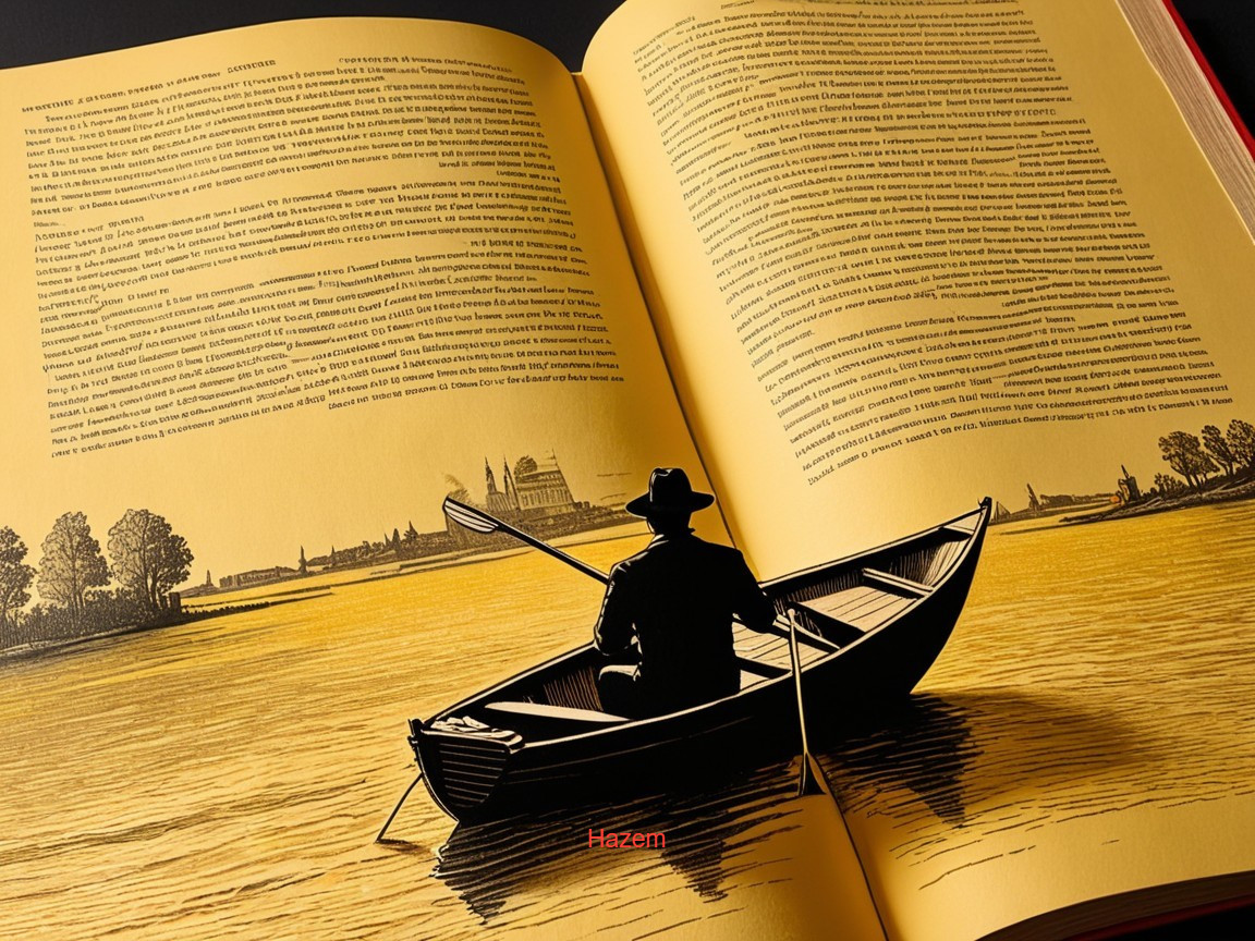 Man in a Boat on a Golden Lake with Book Background