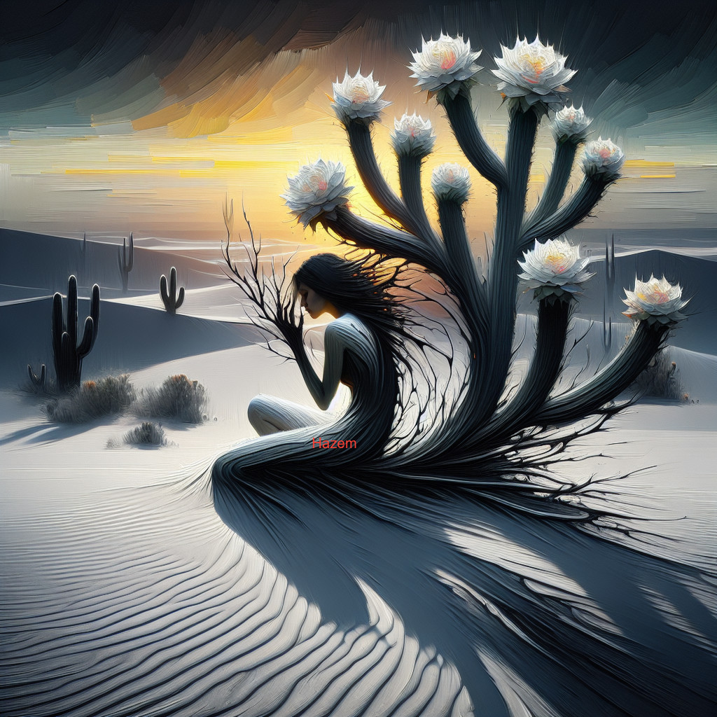 Surreal Desert Landscape with Figure and Cactus at Dusk