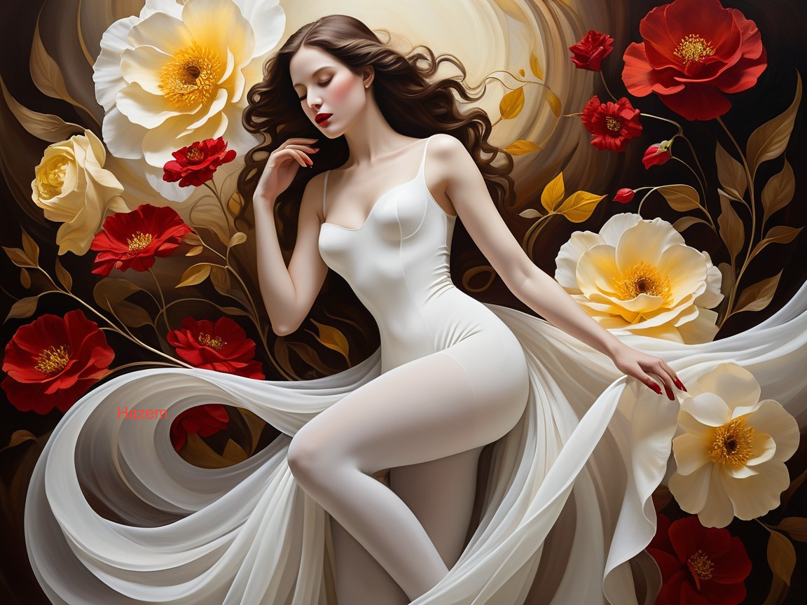 Serene Figure in White Dress Surrounded by Flowers