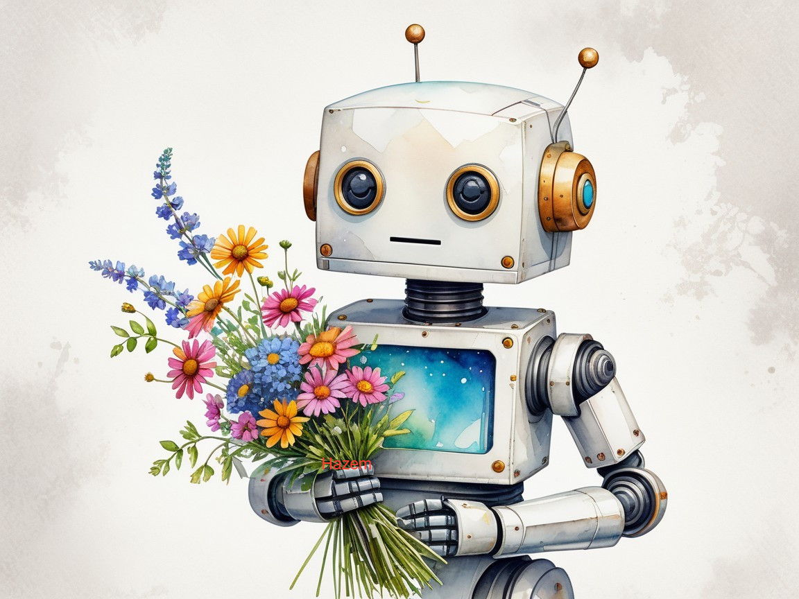 Whimsical Robot with Flowers in Colorful Scene