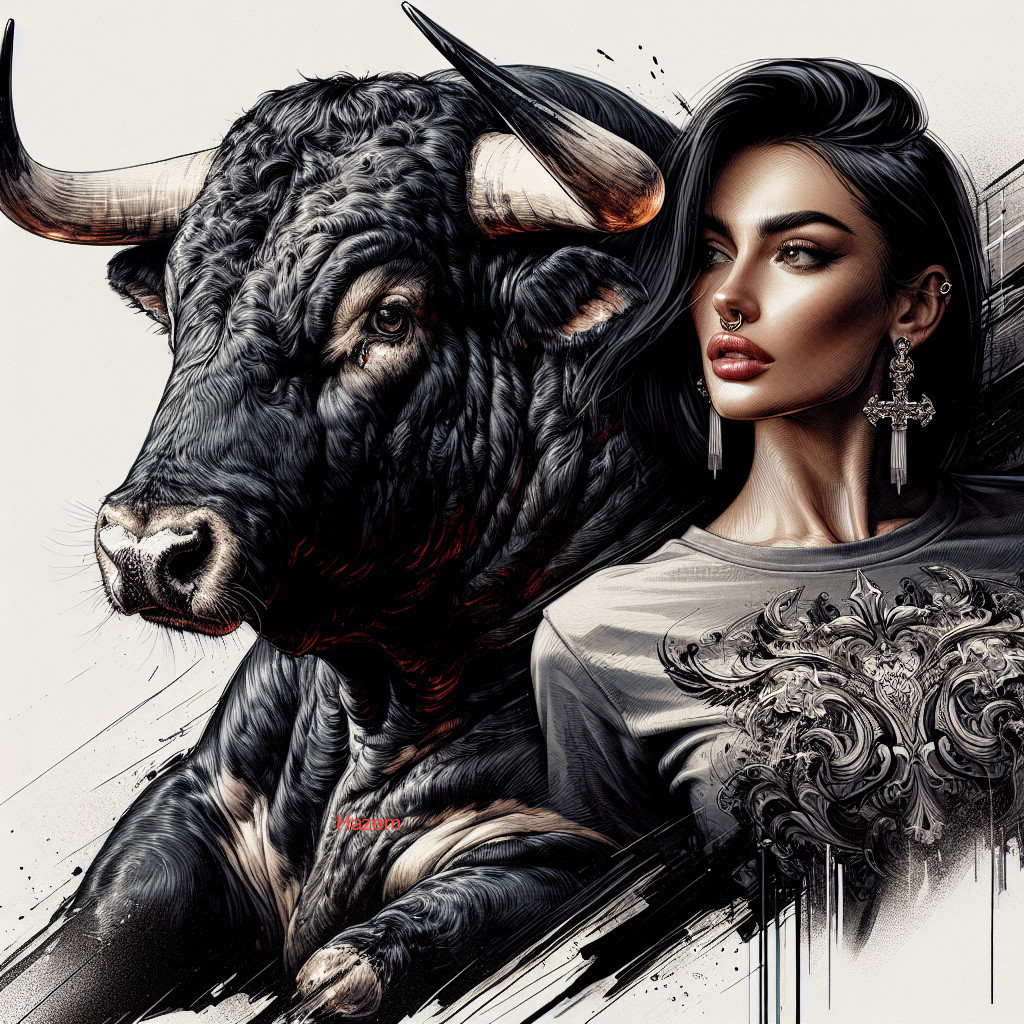 Illustration of a black bull and a woman in detail