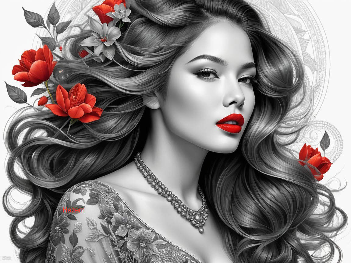 Grayscale Portrait of a Woman with Red Flowers