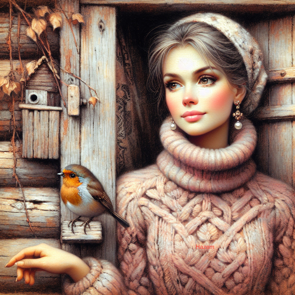 Young Woman in Sweater by Rustic Cabin with Bird