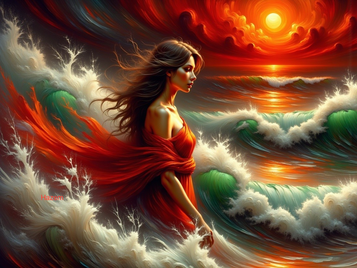 Serene Woman in Flowing Dress Against Ocean Sunset