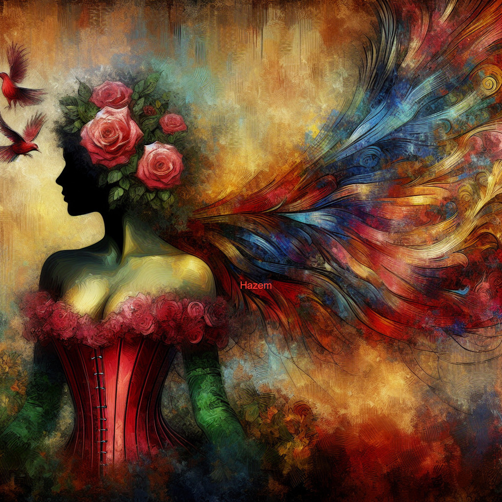 Silhouette of Woman with Floral Head and Colorful Wings