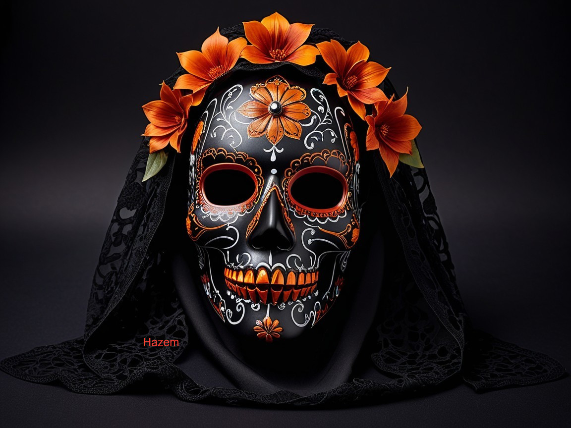 Decorative Skull Mask with Flowers and Veil