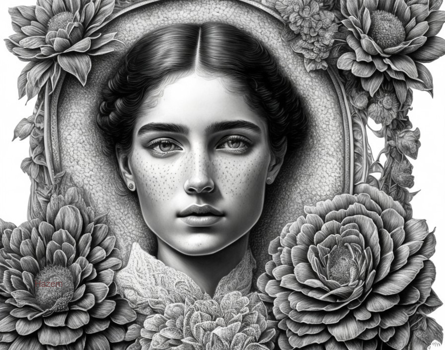 Grayscale Illustration of Young Woman with Floral Frame