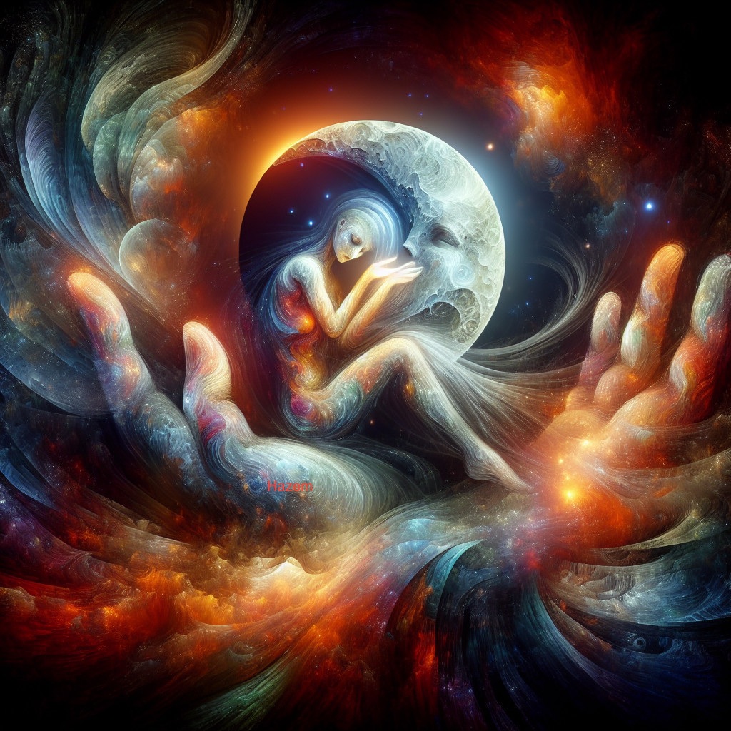 Cosmic Scene with Figure, Moon, and Abstract Hand