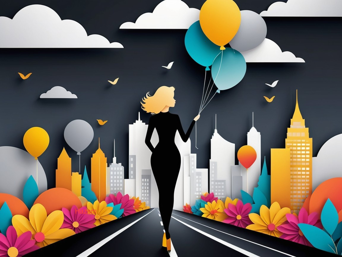 Silhouette of Woman with Balloons in Colorful Setting