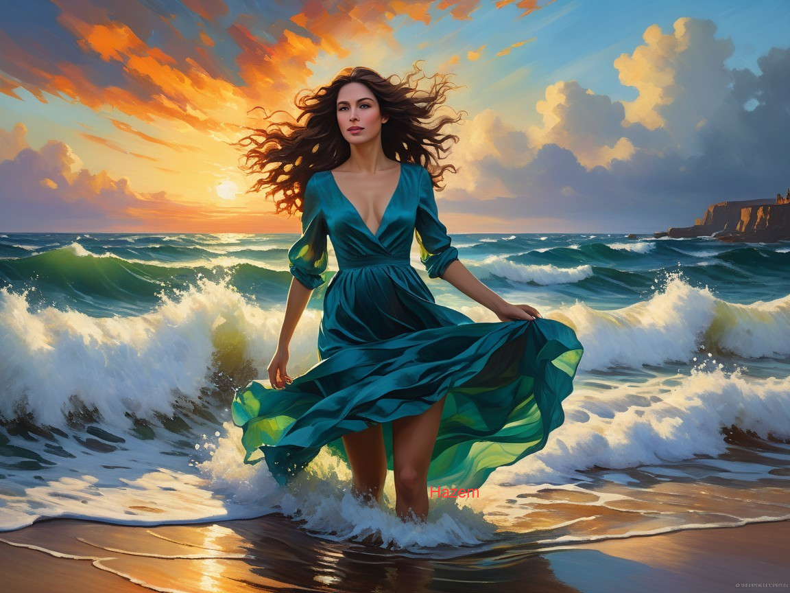Woman in green dress at shore during sunset