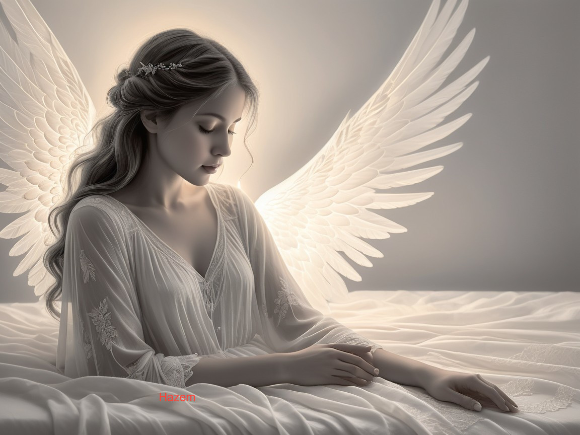 Serene Woman in White Gown with Ethereal Wings
