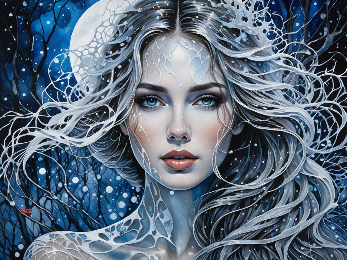 Portrait of a Woman with Silver Hair in Moonlit Forest