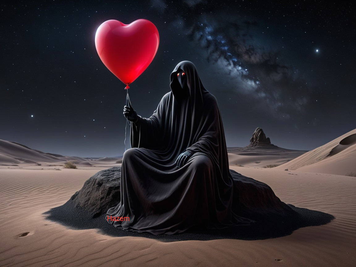 Cloaked Figure with Heart Balloon in Desert Night Sky