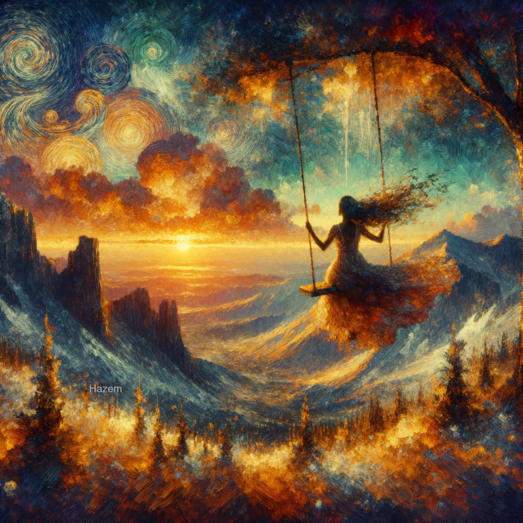 Serene Landscape with Woman on Swing at Sunset