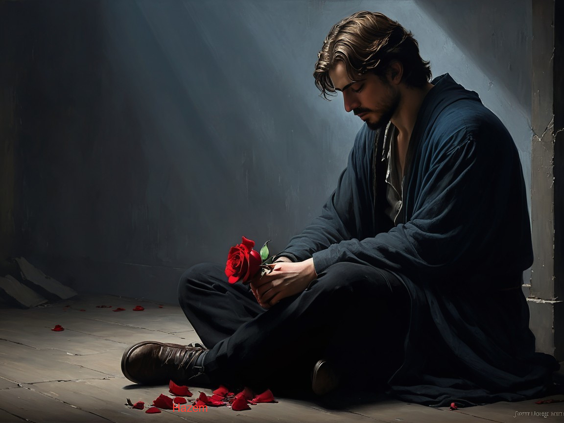 Man in dark robe holding a red rose in solitude