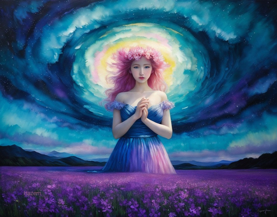 Surreal painting of woman with pink hair in lavender field