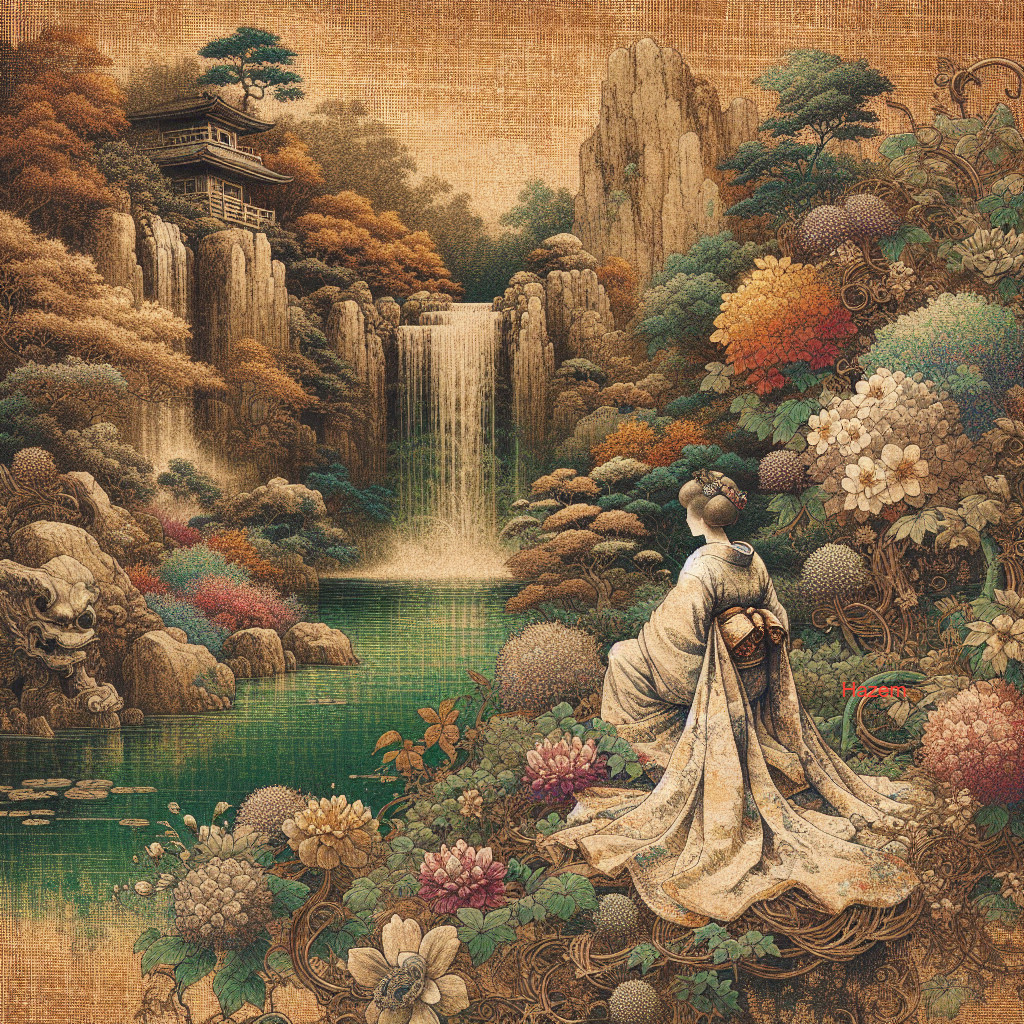 Tranquil Waterfall Landscape with Traditional Figure